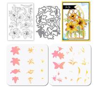 GLOBLELAND Flowers Rose Lily Clear Stamps Cutting Dies PET Painting Stencils for Card Making Hibiscus Sunflower Daisy Leaves Layered Silicone Stamp Metal Greetings Die Cuts for DIY Scrapbooking Crafts