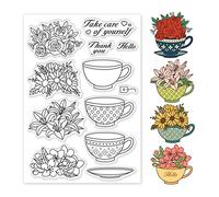 GLOBLELAND Flowers Teacups Clear Stamps Floral Tea Cup Silicone Clear Stamp Seals for Cards Making DIY Scrapbooking Photo Journal Album Decoration