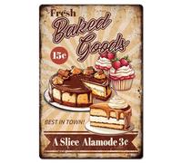 GLOBLELAND Fresh Cake Baking Metal Tin Sign "Fresh Baked Goods" Vintage Painting Tin Signs 12x8inch Retro Wall Art Plaque Poster for Home Office Bar Club Restaurants Cake Shop Decoration