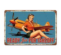GLOBLELAND Funny Airplane Lady Metal Tin Sign 12×8 inch "Ready Joe For Takeoff" Vintage Tin Sign Wall Decor for Women's Bar Bedroom Dining Living Room Decor Garages