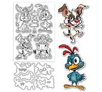 GLOBLELAND Funny Animals Clear Stamp and Cutting Dies Set for Card Making Cartoon Donkey Bird Dog Cow Silicone Clear Stamp Metal Animals Die Cuts for DIY Scrapbooking Photo Album