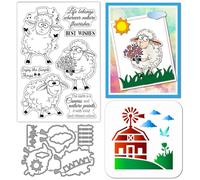 GLOBLELAND Funny Cartoon Sheep Clear Stamps Cutting Dies PET Painting Stencils for Card Making Words Silicone Stamp Animals Sheep Die Cuts House PET Stencils for DIY Scrapbooking
