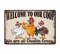 GLOBLELAND Funny Crazy Chicken Metal Tin Sign 8x12in "Welcome to Our Coop" Vintage Painting Tin Signs Wall Poster Plaque for Farm Coop Backyard Garden Barn Country Kitchen Poultry Area