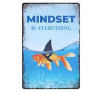 GLOBLELAND Funny Fish Shark Metal Tin Sign Mindset is Everything 8x12 Inch | Retro Iron Wall Plaque, Motivational Decor For Office Man Cave Kitchen Bar Bathroom. Waterproof, 4-Hole Mount. Novelty Gift