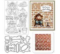 GLOBLELAND Funny Highland Cattle Clear Stamps Cutting Dies PET Painting Stencils for Card Making Wall Brick Texture Silicone Stamp Metal Text Words Die Cuts PET Paint Stencils for DIY Scrapbooking