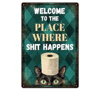 GLOBLELAND Funny Sarcastic Toilet Metal Tin Sign 8x12in "Welcome to the Place" Vintage Painting Tin Signs Cat Wall Poster Plaque for Bathroom Office Pub Café Laundry Room Man Cave Hallway