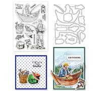 GLOBLELAND Go Fishing Clear Stamps Man Fish Lamp Frame Cutting Dies Set Silicone Transparent Stamp Metal Die Cuts for Card Making and DIY Embossing Scrapbooking Craft Decor