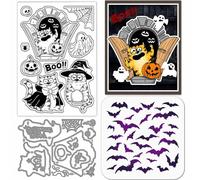 GLOBLELAND Halloween Cartoon Cat Clear Stamps Cutting Dies PET Painting Stencils for Card Making Comic Vampire Cat Silicone Stamp Metal Ghost Pumpkins Die Cuts PET Paint Stencils for DIY Scrapbooking