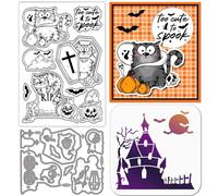 GLOBLELAND Halloween Cartoon Cat Clear Stamps Cutting Dies PET Painting Stencils for Card Making Funny Vampire Cat Silicone Stamp Metal Pumpkins Ghost Die Cuts PET Paint Stencils for DIY Scrapbooking