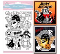 GLOBLELAND Halloween Cartoon Cat Clear Stamps for Card Making Funny Comic Vampire Cat Ghost Pumpkins Silicone Transparent Stamps Seal for DIY Scrapbooking Embossing Photo Album Decor