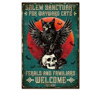 GLOBLELAND Halloween Cat Tin Sign Devil Cat Metal Tin Sign Vintage Metal Tin Sign 12×8inch Salem Sanctuary for Wayward Cats Ferals and Familiars Funny Wall Decor Tin Signs for Home Bar Decoration