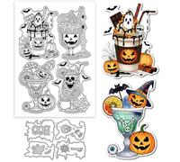 GLOBLELAND Halloween Cup Drinks Clear Stamp and Cutting Dies Set for Card Making Pumpkin Silicone Transparent Stamps Skull Bats Metal Die Cuts for Halloween DIY Scrapbooking Photo Album