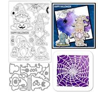GLOBLELAND Halloween Gnome Mummy Clear Stamps Cutting Dies PET Painting Stencils for Card Making Pumpkin Dwarf Silicone Stamp Metal Tombstone Die Cuts PET Paint Stencils for DIY Scrapbooking