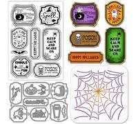 GLOBLELAND Halloween Potion Label Clear Silicone Stamp Metal Frame Pumpkin Cutting Die Cuts Halloween Web Paint Craft Stencils for Card Making Scrapbooking Craft DIY Embossing
