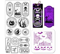 GLOBLELAND Halloween Stamp Tags Clear Stamps Cutting Dies PET Paint Stencils for Card Making Witch Haunted House Pumpkin Skeleton Silicone Stamp Metal Words Die Cuts PET Stencils for DIY Scrapbooking