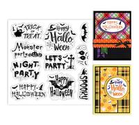 GLOBLELAND Halloween Text Clear Stamps 5.91x5.91 inch Pumpkin Bat Spider Ghost Silicone Clear Stamp Seals Happy Halloween Trick or Treat Transparent Stamps for DIY Scrapbooking Cards Making