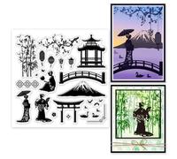 GLOBLELAND Japanese Plants Geisha Silhouette Clear Stamps 5.91x5.91 inch Building Lantern Duck Silhouette Silicone Clear Stamp Seals Transparent Stamps for DIY Scrapbooking Cards Making Journal