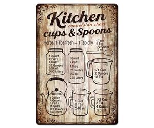 GLOBLELAND Kitchen Conversion Chart Metal Tin Sign 8x12in "Cups & Spoons" Vintage Painting Tin Signs Wall Poster Plaque for Kitchen Cooking Area Dining Room Home Office Pantry Coffee Bar