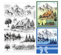 GLOBLELAND Landscape Clear Stamps - Tree Bridge River Scenery, House Tree Mountain Background Stamps for DIY Scrapbooking & Decorative Cards (6.3x4.33inch)