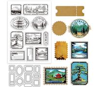 GLOBLELAND Landscape Frame Stamp and Cutting Dies Set for Card Making Mount Fuji Background Silicone Clear Stamp Metal Plants Pine Trees Die Cuts for DIY Scrapbooking Photo Album