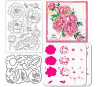 GLOBLELAND Layered Peony Flower Clear Stamps Cutting Dies PET Painting Stencils for Card Making Overlay Spring Flowers Silicone Stamp Metal Greetings Die Cuts PET Paint Stencils for DIY Scrapbooking