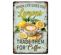 GLOBLELAND Lemon Coffee Metal Tin Sign "When Life Gives You Lemons, Trade Them For Coffee" Vintage Painting Tin Signs 12x8inch Retro Wall Art Plaque Poster for Home Office Coffee Bar