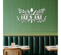 GLOBLELAND Let's Eat Kitchen Wall Decor Stickers 26.3×13.2inch 3D Self-Adhesive Acrylic Mirror Wall Sticker for Restaurant Dining Room Kitchen Silver