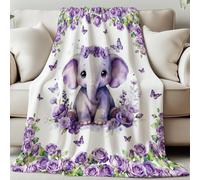 GLOBLELAND Little Elephant Blanket 59×51inch Purple Roses Flowers Soft Cozy Flannel Throws Butterflies Washable Fuzzy Throw Blanket for Home Office Room Bed Sofa Chair Gifts