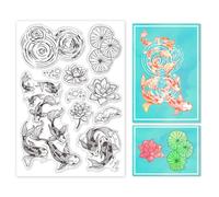 GLOBLELAND Lotus and Koi Fish Clear Stamp, Rectangular Decorative Clear Stamp for DIY Scrapbooking, Photo Album, Journal, Home Decoration