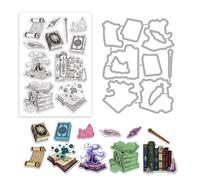 GLOBLELAND Magic Book Clear Stamps and Cutting Dies for Card Making Crystal Wand Silicone Transparent Stamp and Metal Cutting Dies for DIY Scrapbooking Photo Album Crafts Halloween Decor