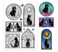 GLOBLELAND Magic Cat Clear Stamps Glass Flower Cat Labels Silicone Clear Stamp Seals Moon Stars Transparent Stamps for DIY Scrapbooking Cards Making Photo Album Journal