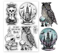 GLOBLELAND Magic Crystal Ball Owl and Candles Clear Stamps for Cards Making Magic Skeleton Silicone Clear Stamp Seals Transparent Stamps for DIY Scrapbooking Photo Album Journal Home Decoration