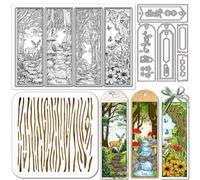 GLOBLELAND Magic Forest Bookmarks Clear Stamps Cutting Dies PET Painting Stencils for Card Making Flowers Tags Silicone Stamp Metal Wood Grain Background Die Cuts PET Paint Stencils for DIY Cards