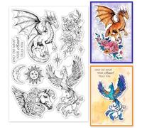 GLOBLELAND Magical Animals Silicone Clear Stamps Dragon Phoenix Flying Horse Transparent Stamp Seals for Card Making DIY Scrapbooking Journaling Decoration 11x16cm/4.3x6.3in