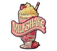 GLOBLELAND Milkshake Metal Tin Sign "Chilled Creamy Milkshake Best in Our Town" Vintage Tin Sign Funny Summer Food Wall Decor for Dining Hall Restaurant Cafeteria Dessert Shop Bakery Milk Tea Shop