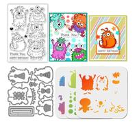 GLOBLELAND Monsters Birthday Label Clear Stamps Metal Birthday Supplies Cutting Die Cuts Layering Lovely Monsters PET Paint Craft Stencils for Card Making DIY Embossing Scrapbooking Craft