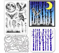 GLOBLELAND Moon Owl Clear Silicone Stamp Metal Wildflowers Grass Silhouette Cutting Die Cuts Birch Tree Forest Paint Craft Stencils for Card Making Scrapbooking Craft DIY Embossing
