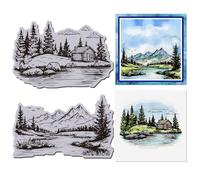 GLOBLELAND Mountains Trees Cling Rubber Stamp 22x18cm/8.7x7inch Landscape EVA Cling Mount Stamps Lake Forest Scenery Rubber Stamp Set for Card Making Photo Album Decor Decoration DIY Scrapbooking