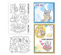 GLOBLELAND Mouse Clear Stamps Cutting Dies for Birthday Card Making Silicone Coffee Cake Clear Stamp Metal Dessert Die Cuts for DIY Scrapbooking Crafts Decor