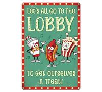 GLOBLELAND Movie Theater Snack Bar Metal Tin Sign "Let's All Go To The Lobby" Funny Words Vintage Tin Signs 12x8inch Retro Wall Plaque Poster for Home Bar Lobby Decoration