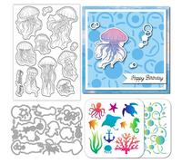 GLOBLELAND Ocean Jellyfish Clear Stamps Cutting Dies PET Painting Stencils for Card Making Summer Bubbles Silicone Stamp Metal Greetings Die Cuts PET Paint Stencils for DIY Scrapbooking