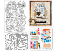 GLOBLELAND Old Man Reading Clear Silicone Stamp Metal Book Coffee Cutting Die Cuts Book Stack Paint Craft Stencils for Card Making Scrapbooking Craft DIY Embossing