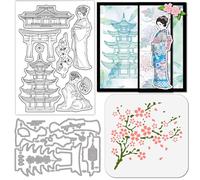 GLOBLELAND Oriental Architecture Clear Silicone Stamp Metal Kimono Woman Cutting Die Cuts Cherry Blossom Paint Craft Stencils for Card Making Scrapbooking Craft DIY Embossing
