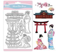 GLOBLELAND Oriental Architecture Clear Stamps for Scrapbooking Kimono Woman Silicone Stamps Torii Cherry Blossom Transparent Stamp for Card Making DIY Embossing Journaling