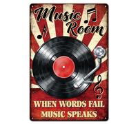 GLOBLELAND Records Metal Tin Sign "Music Room" "When Words Fail Music Speaks" Vintage Painting Tin Signs 12x8inch Retro Wall Art Plaque Poster for Home Office Kitchen Garden Bar Coffee