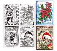 GLOBLELAND Retro Christmas Background Clear Stamps for Card Making Santa Claus Poinsettia Transparent Silicone Stamps for DIY Scrapbooking Supplies Embossing Paper Card Craft Album Decor