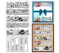 GLOBLELAND Retro Music Frames Clear Stamp and Cutting Dies Set for Card Making Lace Grunge Texture Silicone Transparent Stamps Piano Instrument Border Metal Die Cuts for DIY Scrapbooking Photo Album