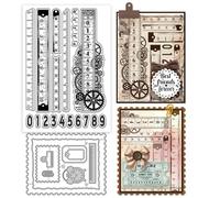 GLOBLELAND Retro Ruler Clear Stamps and Metal Die Cuts Number Transparent Stamp Lable Frame Cutting Dies for Card Making Embossing Scrapbooking