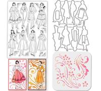 GLOBLELAND Retro Woman Pattern Background Clear Stamp Vintage Lady Label Cutting Die Flower PET Paint Craft Template Stencils Set for Card Making and DIY Embossing Scrapbooking Craft Decor