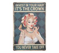 GLOBLELAND Salon Hairdresser Funny Tin Sign Invest In Your Hair It's The Crown You Never Take Off Barber Shop Charming Lady Hairstyling Vintage Tin Sign for Bars Cafe Pubs Barber Shop 11.8x7.8inch